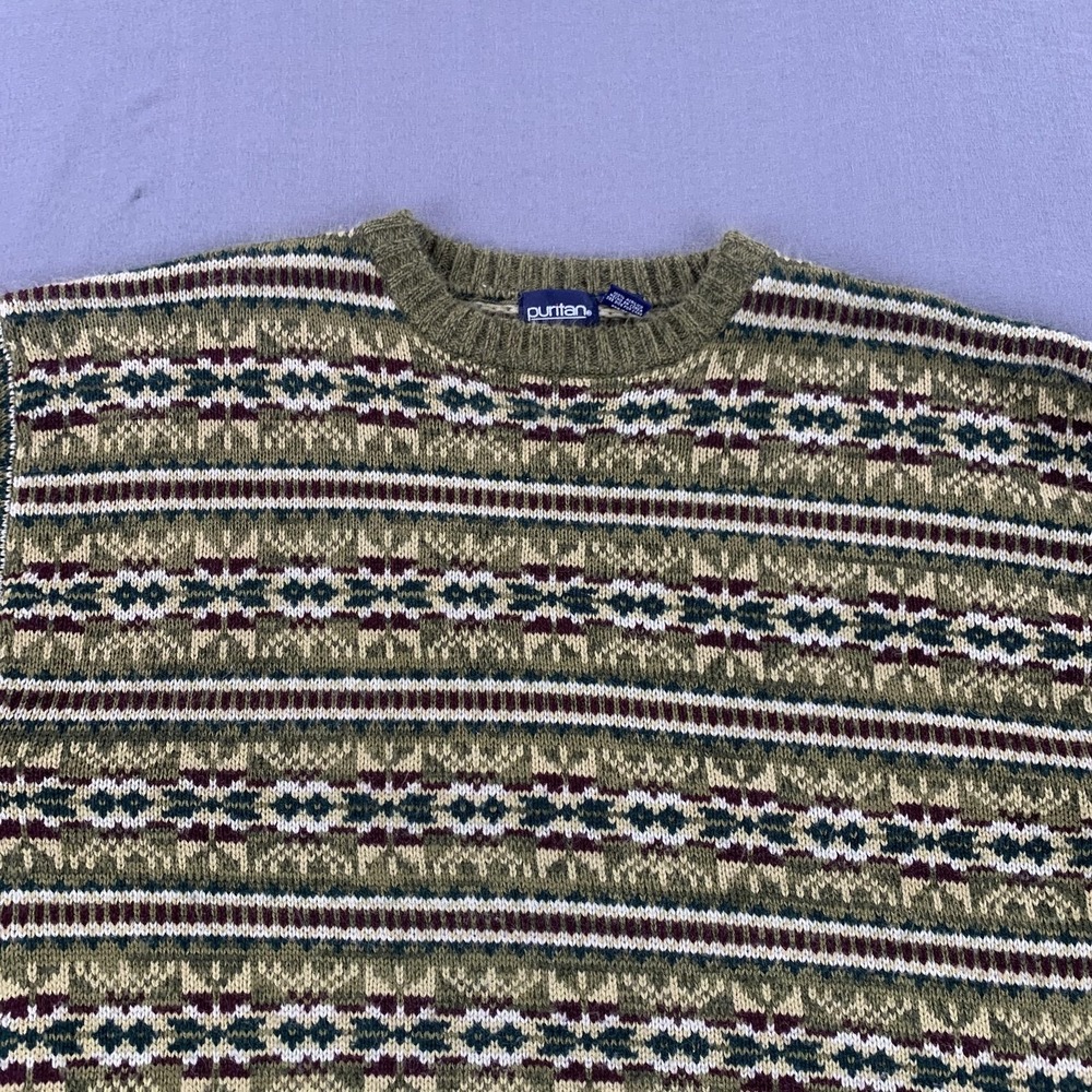 VINTAGE Puritan Sweaters Mens LG Lot of 2 Khaki Fair Isle Blue Stripe 90s Knit - Picture 3 of 16